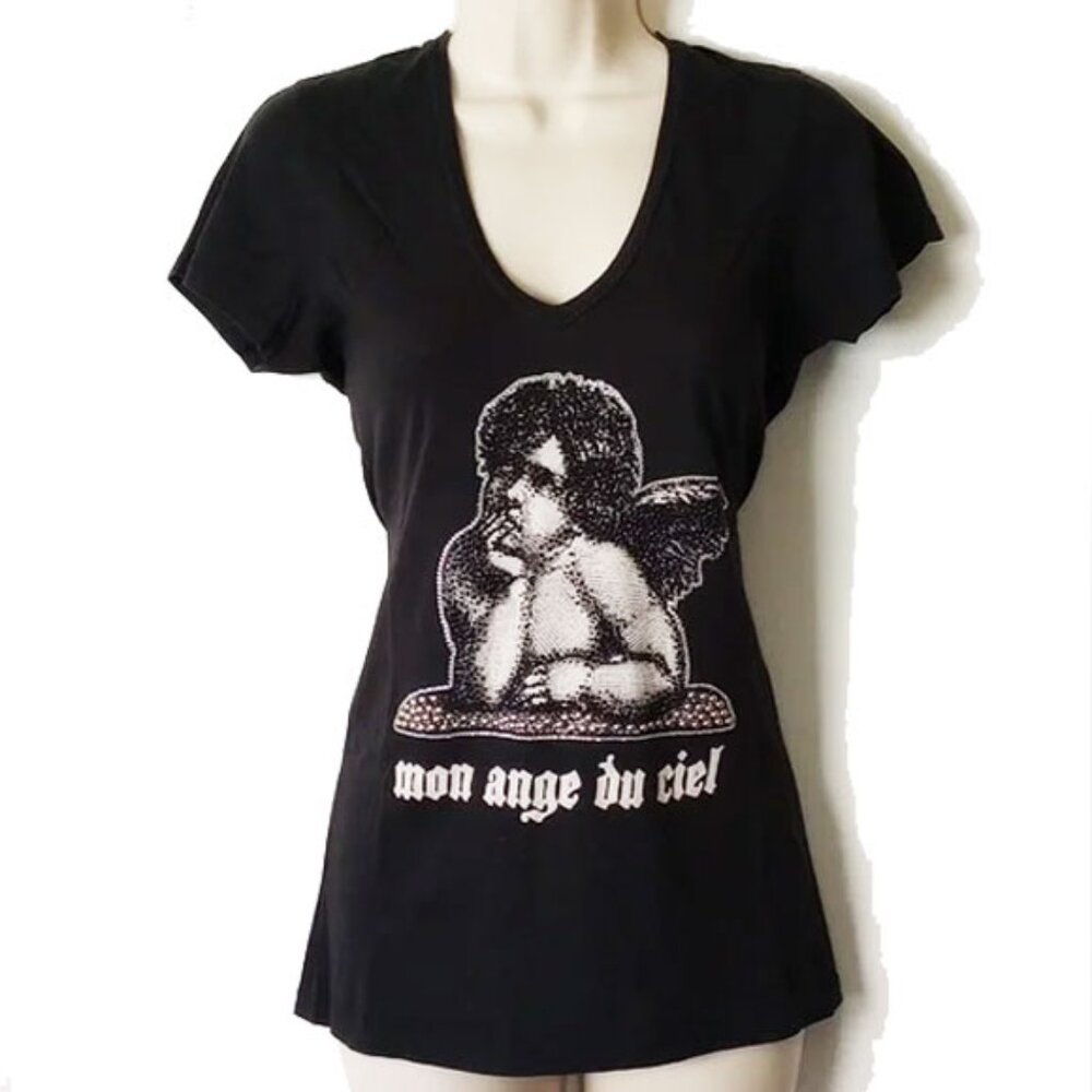 Le Lotus Bleu 100% Cotton Fitted V-Neck Angel T-shirt S Mon Ange Du Ciel